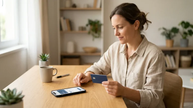Pessoa consultando o celular e segurando um cartão enquanto avalia a solicitação de crédito