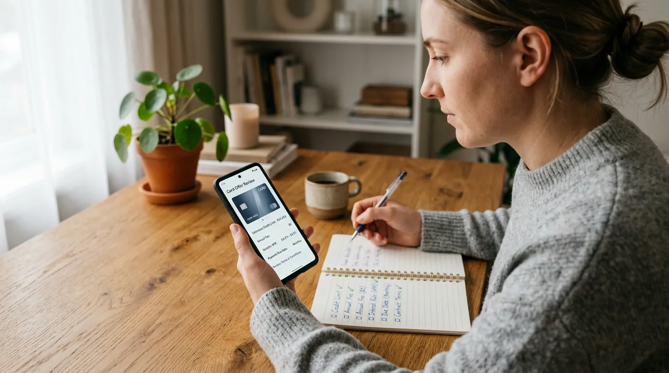 Pessoa conferindo limite, tarifas, juros, vencimento e condições contratuais de uma oferta de cartão de crédito no celular