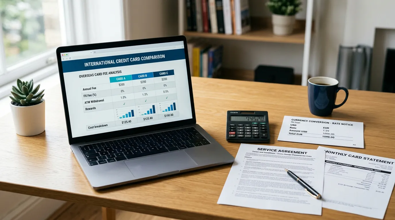 Calculadora, contrato, fatura e cartão ao lado de uma tela com comparação de custos cambiais e tarifas de um cartão internacional