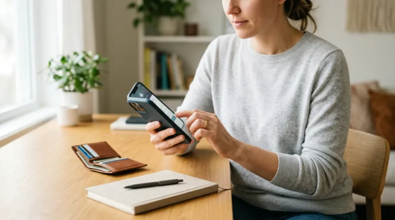 Pessoa iniciando uma solicitação de cartão de crédito pelo celular em um ambiente organizado