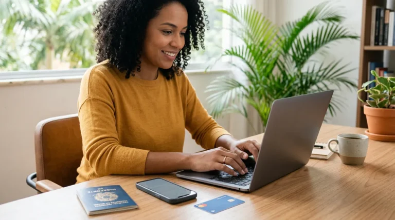 Pessoa no Brasil solicitando um cartão de crédito internacional pelo computador, com passaporte, celular e cartão sobre a mesa