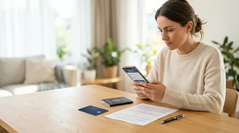 Pessoa analisando uma solicitação de cartão de crédito no celular, com cartão sem marca, documentos e caneta sobre a mesa