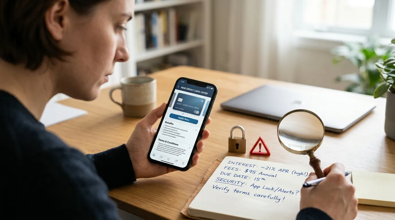 Pessoa analisando em um smartphone as condições de um cartão de crédito, com símbolos de segurança e alerta contra golpes ao lado