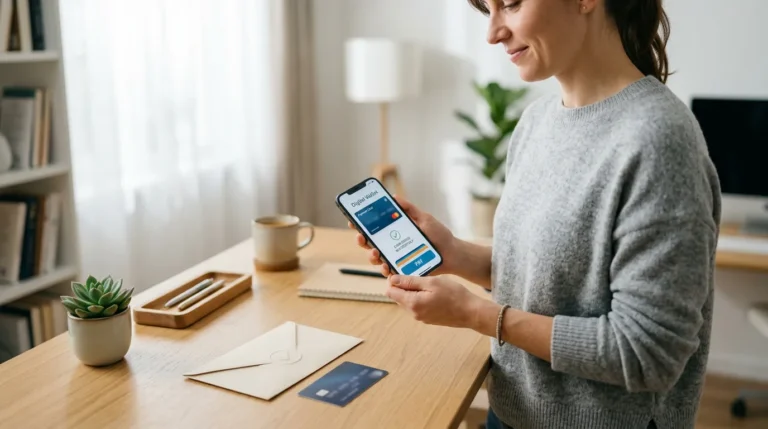 Pessoa consultando no smartphone uma oferta de cartão de crédito enquanto segura um envelope de cartão em uma mesa clara