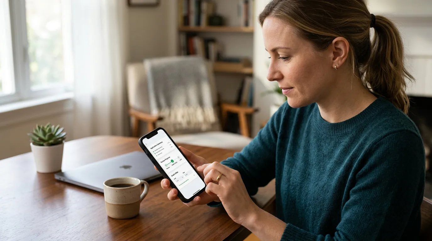 Pessoa acompanhando no celular a análise do cartão, a disponibilidade da função crédito e a definição do limite